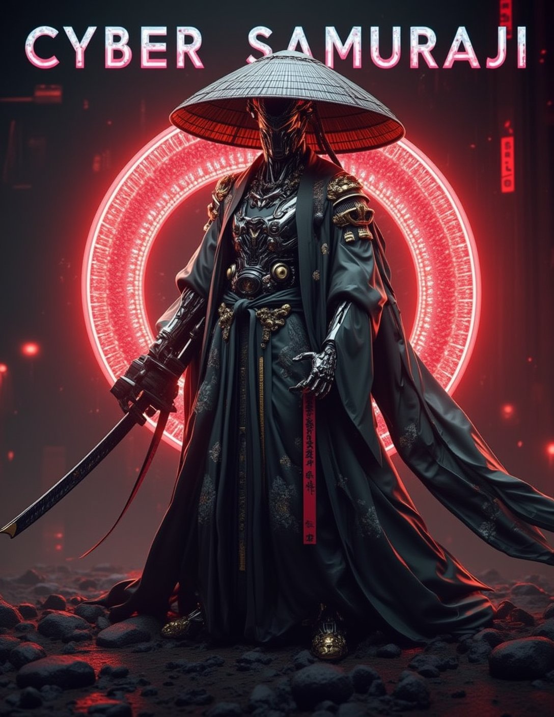 Poster with tittle "CYBER SAMURAJI" in Bold 3d letters on top featuring Vibrant, cinematic kung fu scene, majestic cyber samuraji wearing samurai hat, powerful pose, radiant, intricate, hyper-realistic 8K resolution, masterfully crafted with extremely sharp details, elaborate textures, award-winning realism, dramatic lighting, intense atmosphere, evoking wonder  and awe.,Cyber_Samuraji