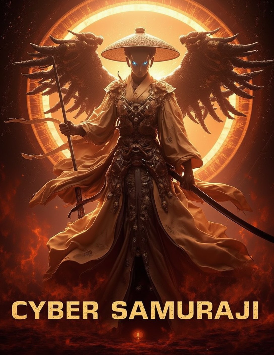 Poster with tittle "CYBER SAMURAJIi" in Bold letters featuring Vibrant, cinematic kung fu scene, majestic cyber samuraji suspended in mid-air, powerful pose, radiant, intricate, hyper-realistic 8K resolution, masterfully crafted with extremely sharp details, elaborate textures, award-winning realism, dramatic lighting, intense atmosphere, evoking wonder  and awe.,Cyber_Samuraji