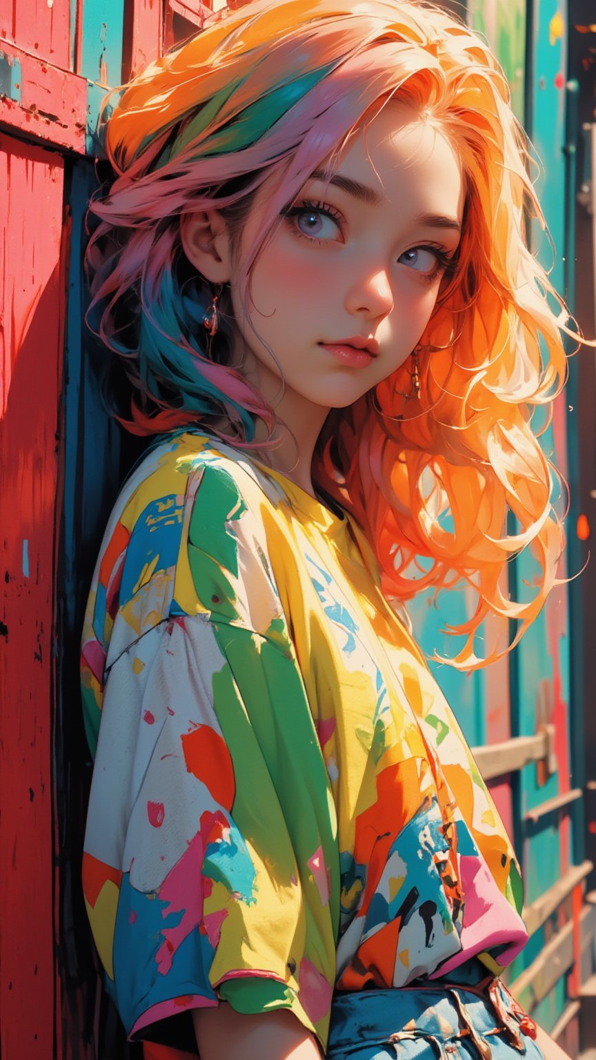 Colorful hair leaning against the wall, vivid vivid colors, multicolored clothing, Cut tattered T-shirts, vibrant color details, Vibrant and dynamic, bright vibrant colors, multicolored clothing, Intense and vivid colors, vivid vivid colors, Vivid and vibrant colors, vibrant tones, colorful outfit, colorful fashion, vivd colour, vivid and vibrant,18 years old girl, FLUX_QTNimE_2,NiJi_2_FLUX,REALNIME