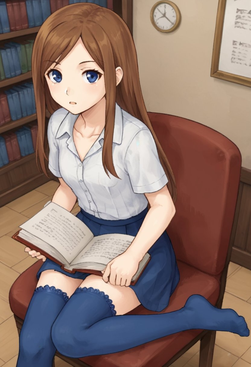 1girl, solo, charlotteaulinpor, brown hair, long hair, blue eyes, white shirt, short sleeves, collarbone, skirt, blue thighhighs, indoors, library, sitting, chair, holding, open book, looking at viewer, from above,