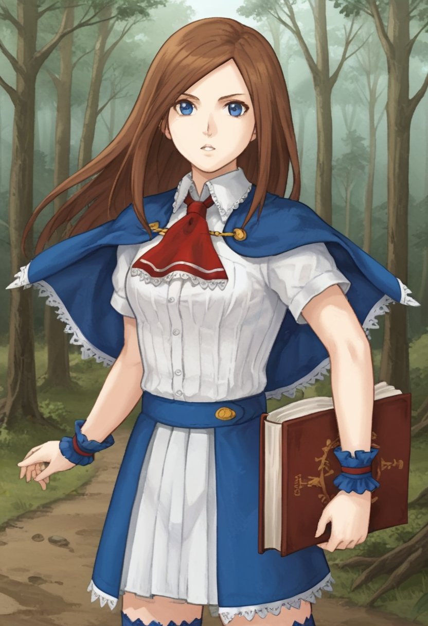 1girl, solo, charlotteaulinpor, brown hair, long hair, blue eyes, white shirt, short sleeves, red ascot, blue cape, capelet, wrist cuffs, blue skirt, blue thighhighs, holding, book, outdoors, forest, dead trees, dry trees, cowboy shot, serious, parted lips, looking at viewer, dynamic pose,