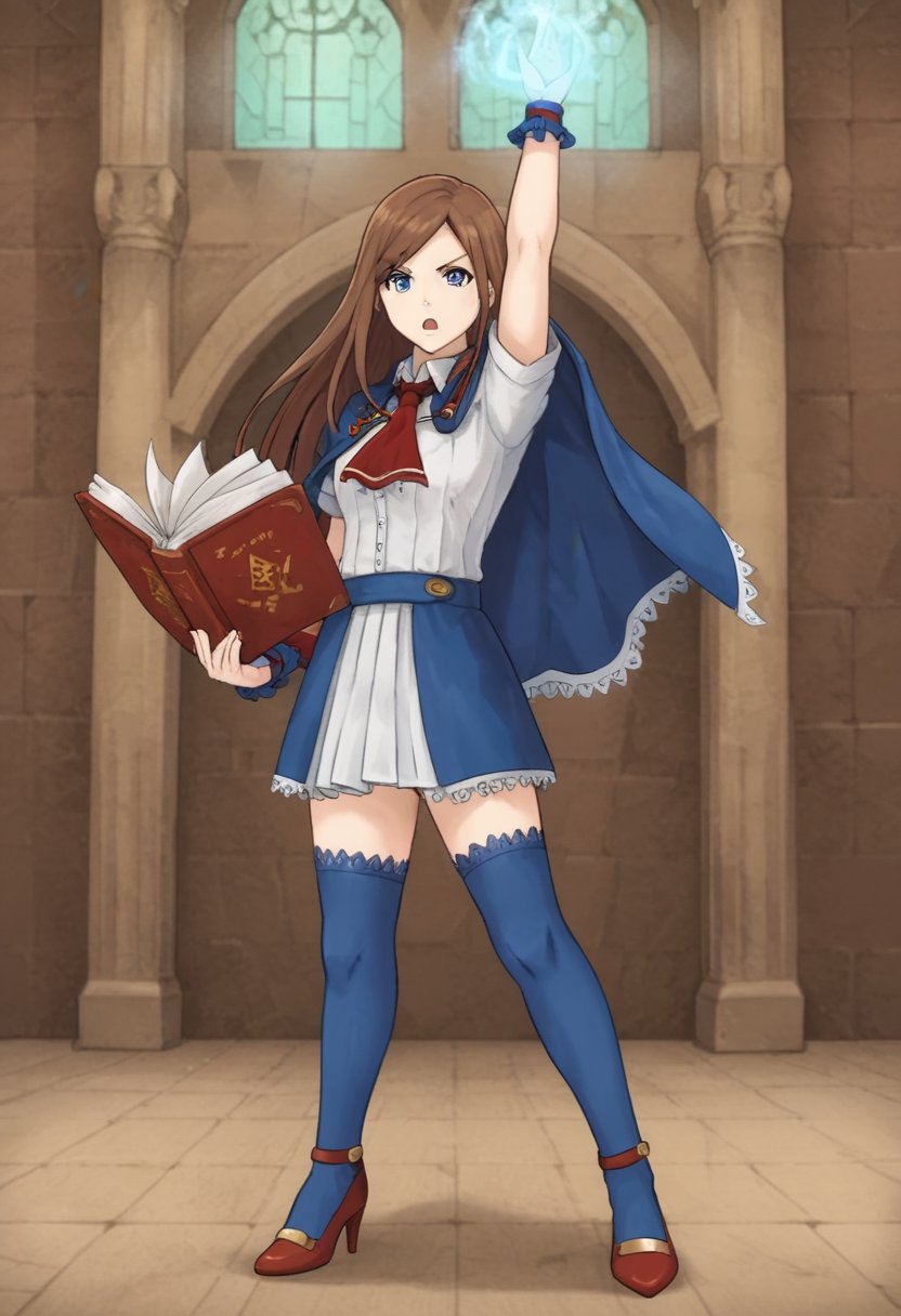 1girl, solo, charlotteaulinpor, brown hair, long hair, blue eyes, white shirt, short sleeves, red ascot, blue cape, capelet, wrist cuffs, skirt, blue thighhighs, red heels, holding, book, open book, one arm up, indoors, castle, full body, serious, open mouth, magic, spell