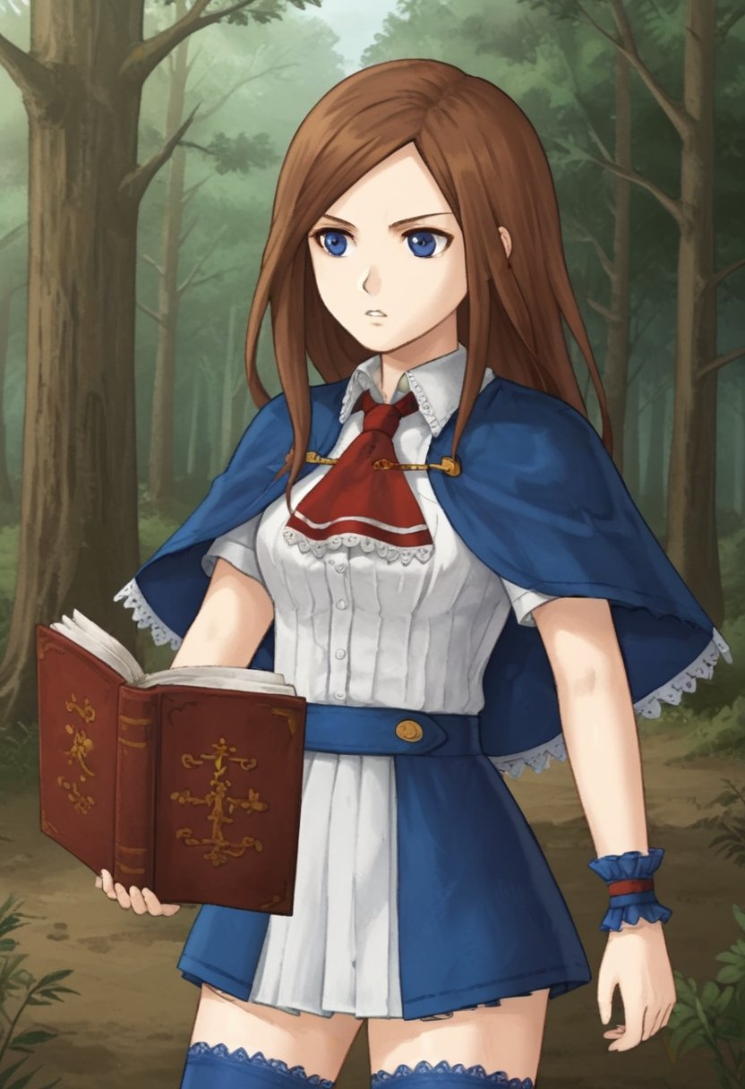 1girl, solo, charlotteaulinpor, brown hair, long hair, blue eyes, white shirt, short sleeves, red ascot, blue cape, capelet, wrist cuffs, blue skirt, blue thighhighs, holding, book, outdoors, forest, dead trees, dry trees, cowboy shot, serious, parted lips