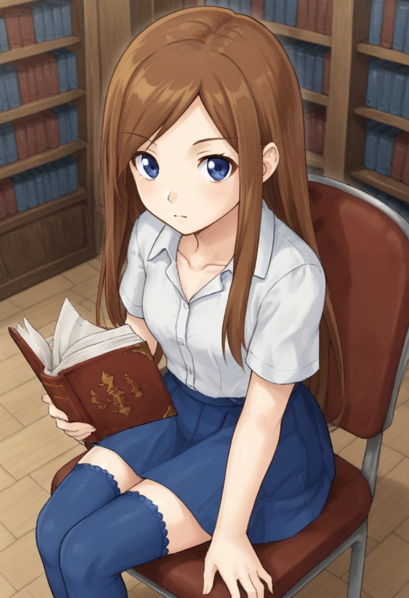 1girl, solo, charlotteaulinpor, brown hair, long hair, blue eyes, white shirt, short sleeves, collarbone, skirt, blue thighhighs, indoors, library, sitting, chair, holding, open book, looking at viewer, from above,