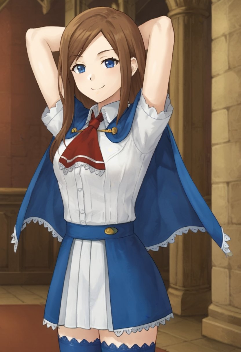 1girl, solo, charlotteaulinpor, brown hair, long hair, blue eyes, white shirt, short sleeves, red ascot, blue cape, capelet, skirt, blue thighhighs, indoors, castle, cowboy shot, smile, smug, arms up, hands behind head