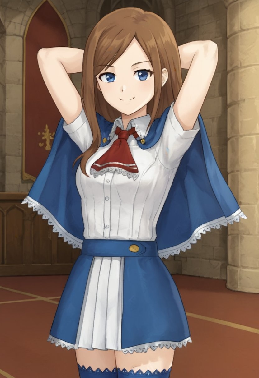 1girl, solo, charlotteaulinpor, brown hair, long hair, blue eyes, white shirt, short sleeves, red ascot, blue cape, capelet, skirt, blue thighhighs, indoors, castle, cowboy shot, smile, smug, arms up, hands behind head