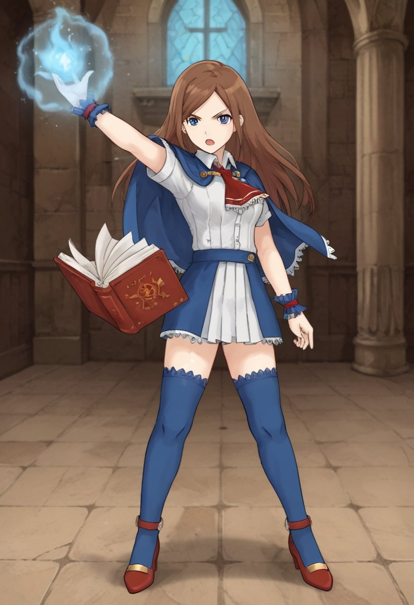 1girl, solo, charlotteaulinpor, brown hair, long hair, blue eyes, white shirt, short sleeves, red ascot, blue cape, capelet, wrist cuffs, skirt, blue thighhighs, red heels, holding, book, open book, one arm up, indoors, castle, full body, serious, open mouth, magic, spell