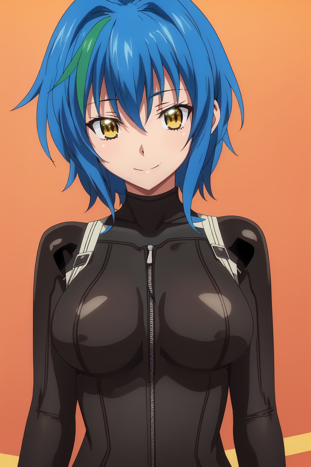 Xenovia Quarta, (8k, HD), 1girl, solo, looking at viewer, smile, short hair, hair between eyes, yellow eyes, closed mouth, blue hair, upper body, green hair, streaked hair, bodysuit, orange background, black bodysuit