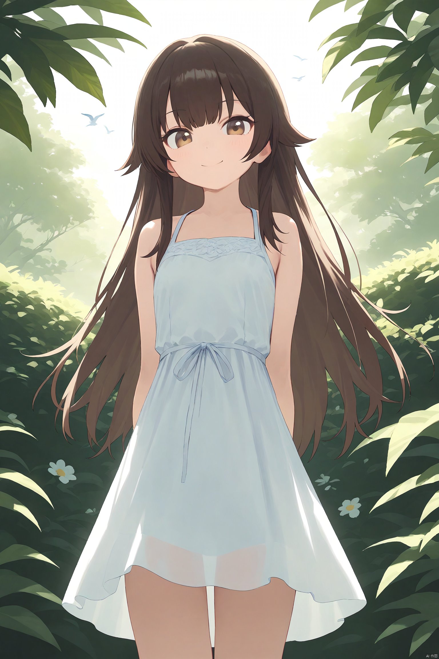 best quality, amazing quality, very aesthetic,1girl, dress, long hair, bird, white dress, brown hair, solo, outdoors, brown eyes, sleeveless, looking at viewer, arms behind back, sleeveless dress, bangs, standing, plant, sundress, smile, flower, closed mouth, sunlight, bare shoulders