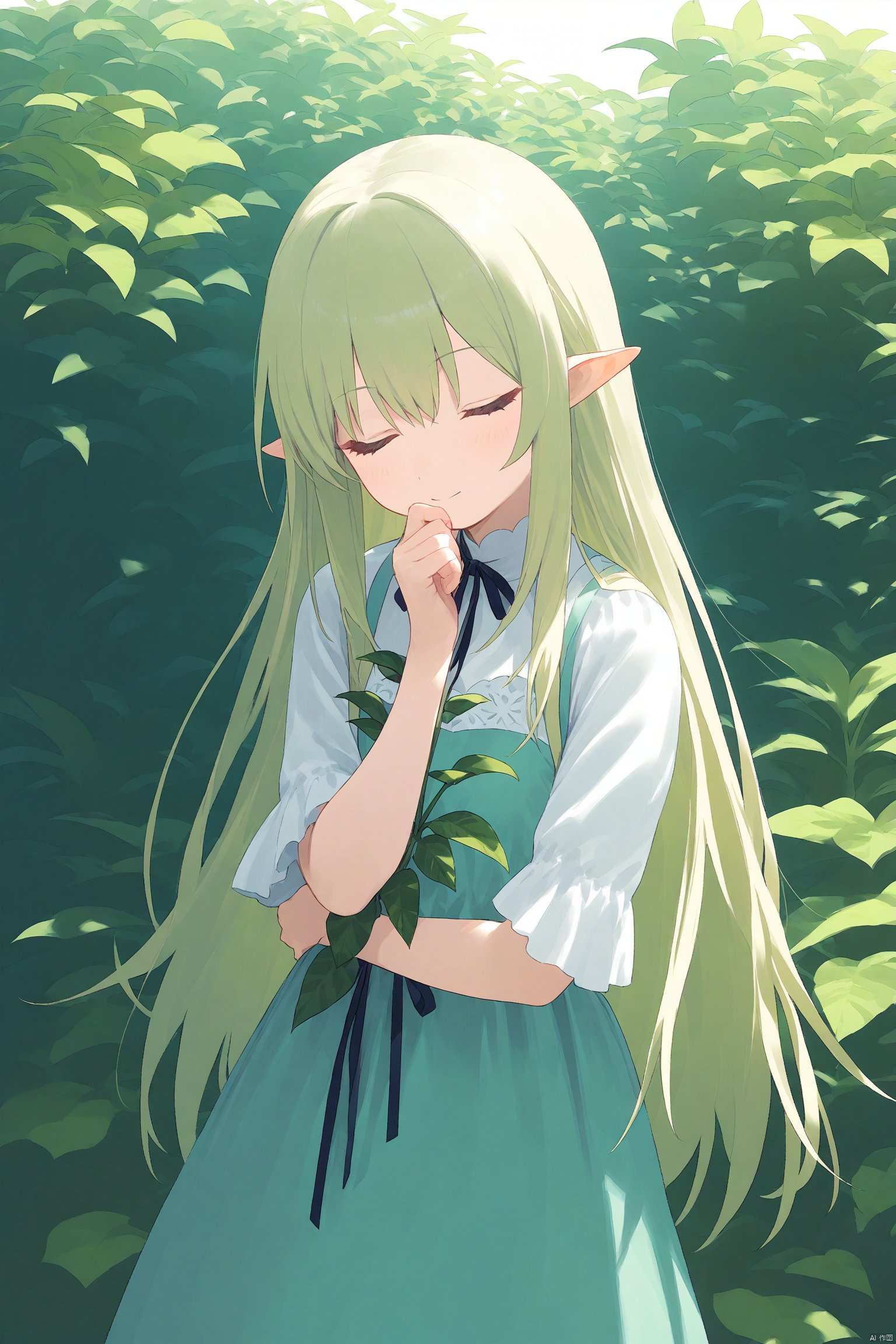 1girl, closed_eyes, dress, flower, long_hair, plant, pointy_ears, ribbon,