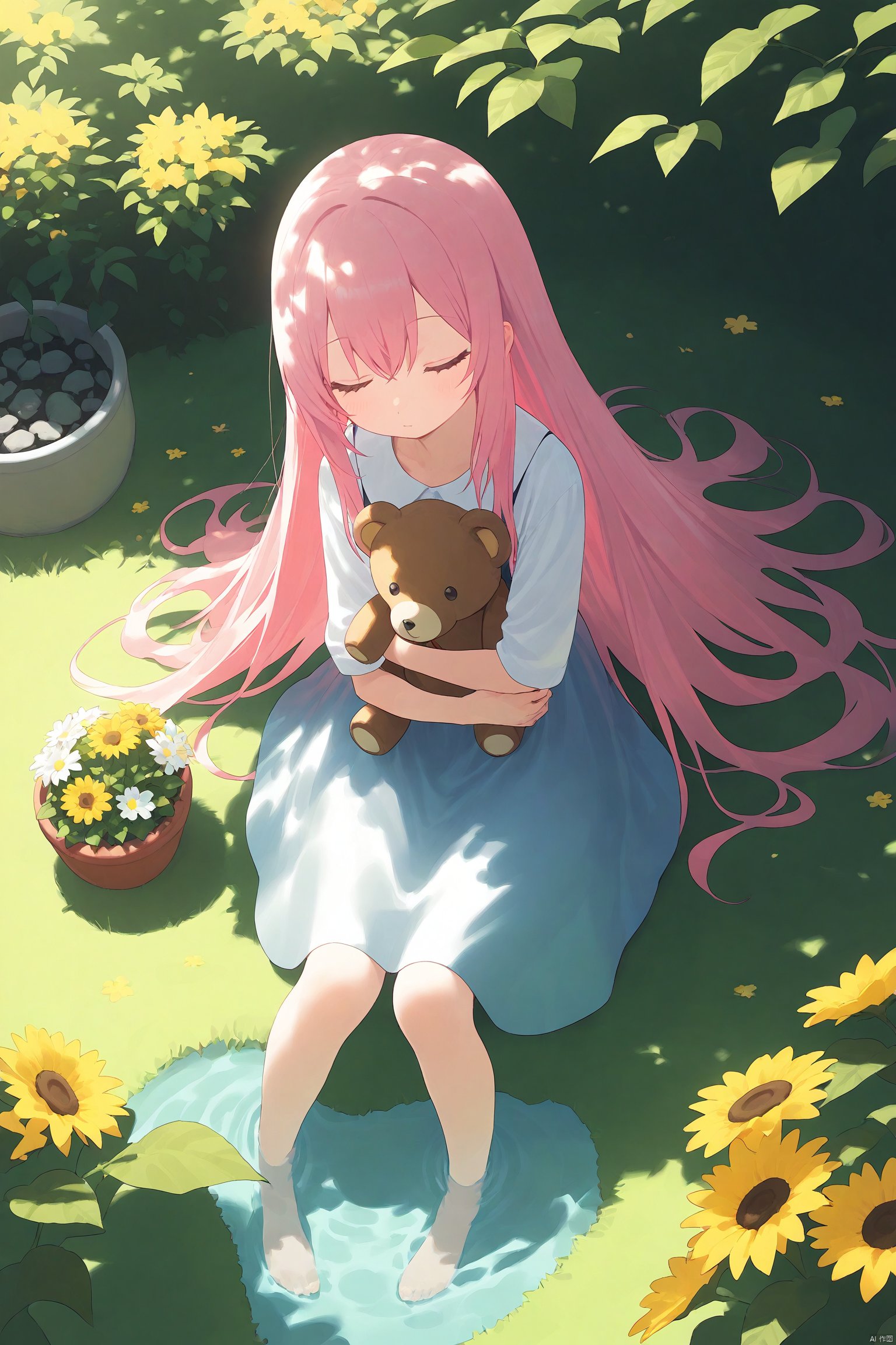 1girl, closed_eyes, dappled_sunlight, dress, flower, grass, leaf, long_hair, pink_hair, plant, potted_plant, sitting, soaking_feet, solo, stuffed_animal, stuffed_toy, sunflower, teddy_bear, very_long_hair, water, yellow_flower