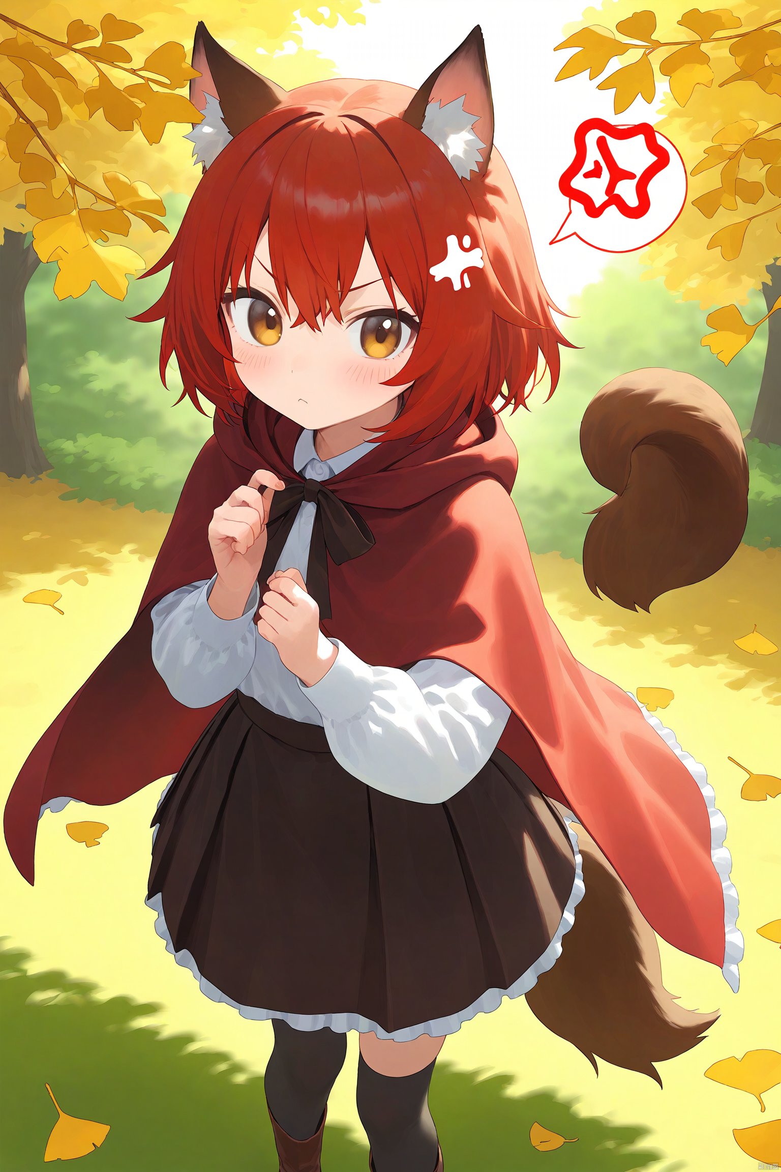 1girl, acorn, anger_vein, animal_ears, autumn, autumn_leaves, bangs, black_legwear, black_skirt, blush, boots, brown_eyes, brown_skirt, capelet, day, eyebrows_visible_through_hair, falling_leaves, forest, frilled_skirt, frills, ginkgo_leaf, hair_ornament, hair_ribbon, holding_leaf, hood, hood_down, hooded_capelet, kneehighs, leaf, leaf_background, leaf_hair_ornament, leaf_on_head, leaf_print, little_red_riding_hood_\(grimm\), long_sleeves, looking_at_viewer, maple_leaf, nature, outdoors, pleated_skirt, red_capelet, ribbon, shirt, shoes, skirt, solo, spoken_anger_vein, squirrel, standing, tail, thighhighs, tree, white_shirt, wolf_ears, wolf_girl, wolf_tail