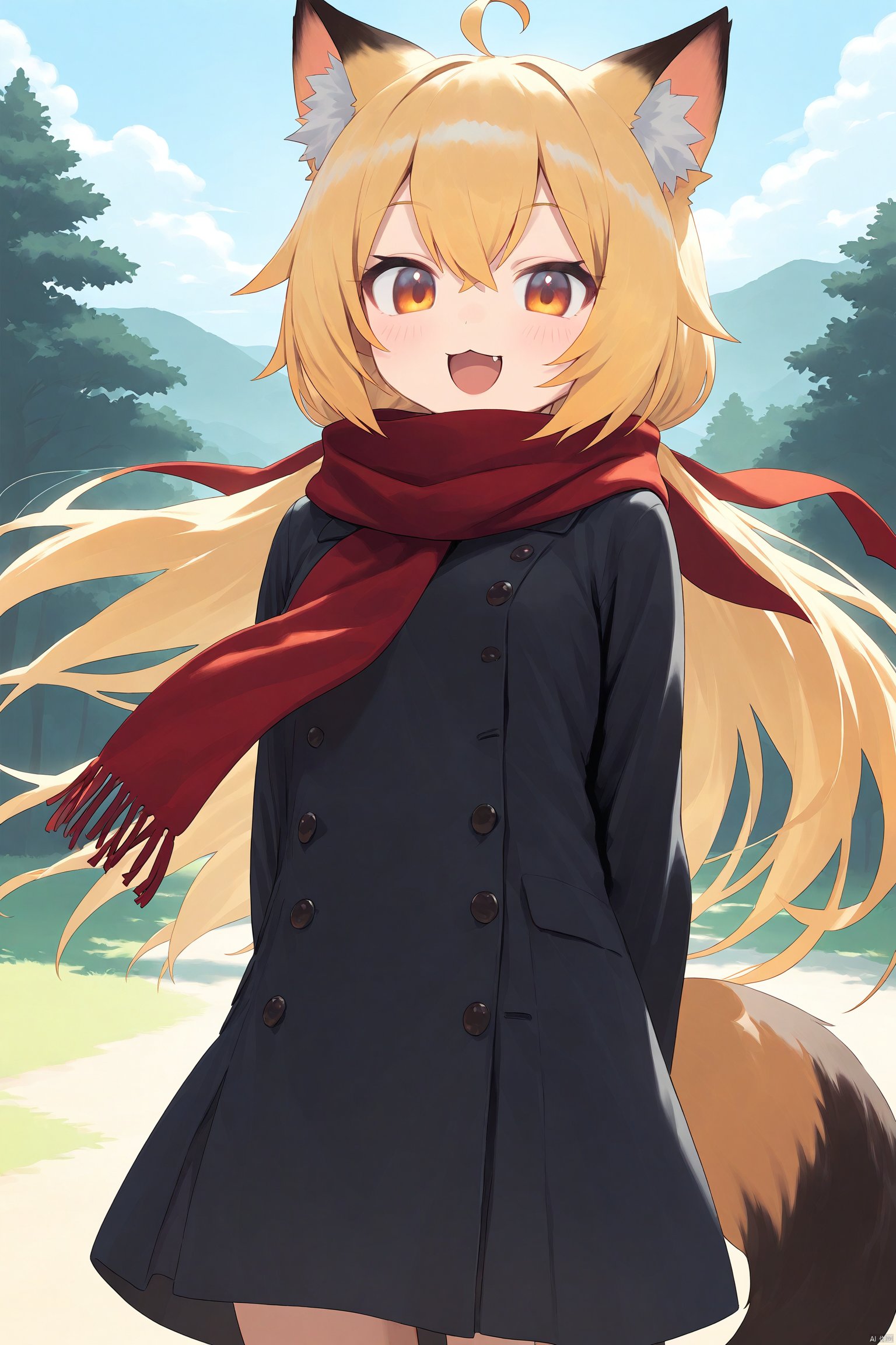 1girl, fox_tail, tail, animal_ears, fox_ears, fox_girl, long_hair, solo, blonde_hair, scarf, fang, open_mouth, animal_ear_fluff, looking_at_viewer, arms_behind_back, ahoge, :3, outdoors, smile, blush, red_scarf, tree, :d, day, coat