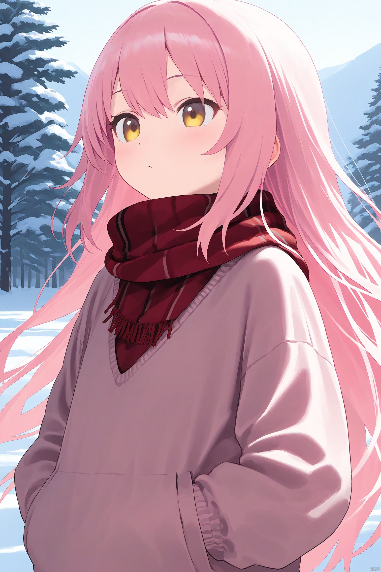 (masterpiece),(best quality),1girl, loli, solo, pink hair, long hair, yellow eyes, wearing pink knitted sweater, white collar poking out, red scarf wrapped around neck, rosy cheeks from cold, standing outdoors in winter scene, snowing lightly, snowflakes in hair, pine trees dusted white behind, looking ahead, cropped close-up composition, focus on face and upper body, intricate sweater details, photorealistic knit textures, vivid expression, hands in sweater pockets, (masterpiece quality illustration), (intricately detailed)