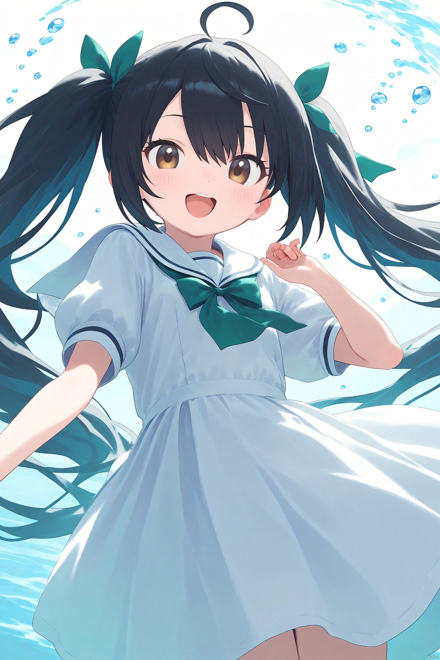 1girl, :d, ahoge, air_bubble, black_hair, blush, bow, brown_eyes, bubble, dress, green_bow, green_bowtie, long_hair, looking_at_viewer, open_mouth, puffy_short_sleeves, puffy_sleeves, sailor_collar, short_sleeves, simple_background, smile, solo, twintails, water, water_drop, white_background, white_dress