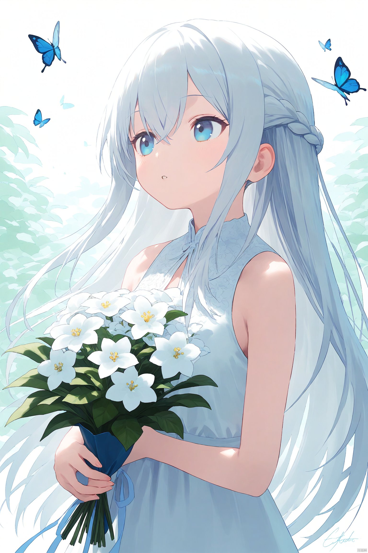 1girl, solo, long hair, bangs, blue eyes, dress, holding, hair between eyes, bare shoulders, upper body, braid, flower, white hair, parted lips, sleeveless, signature, white dress, bare arms, sleeveless dress, leaf, looking away, bug, white flower, letterboxed, butterfly, bouquet, holding bouquet