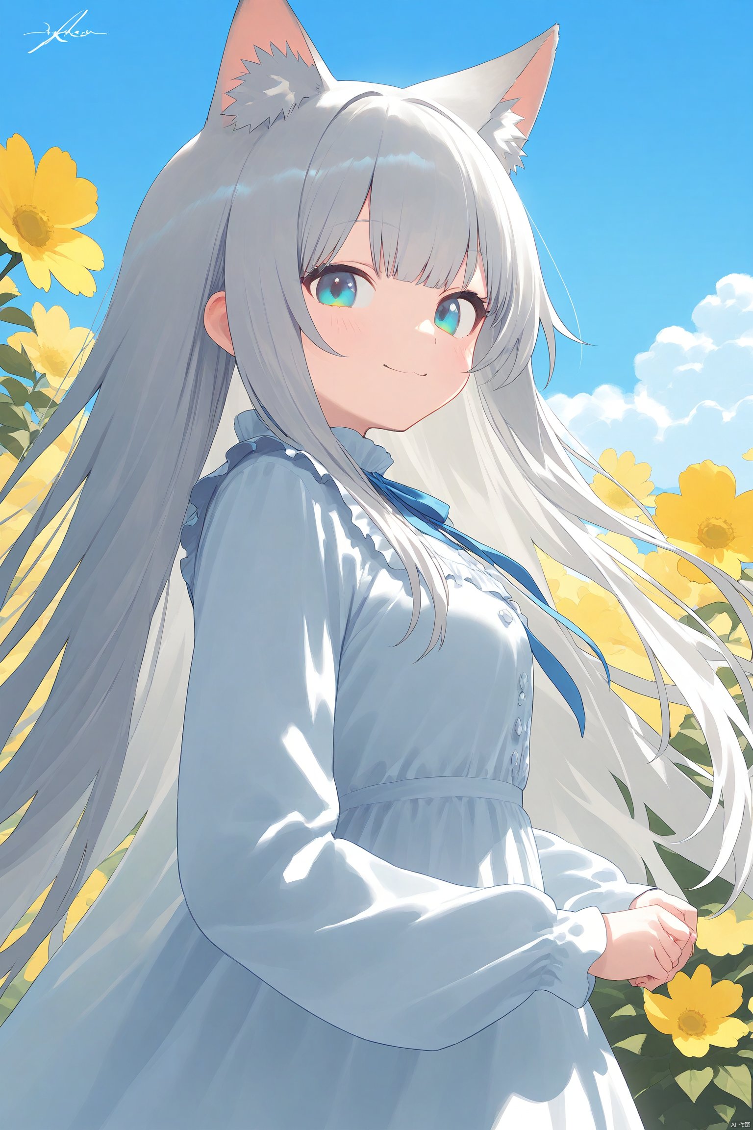 1girl, solo, long hair, breasts, looking at viewer, blush, smile, bangs, blue eyes, long sleeves, dress, animal ears, closed mouth, upper body, flower, white hair, grey hair, outdoors, frills, sky, day, cat ears, signature, white dress, from side, blue sky, animal ear fluff, looking to the side, extra ears, yellow flower