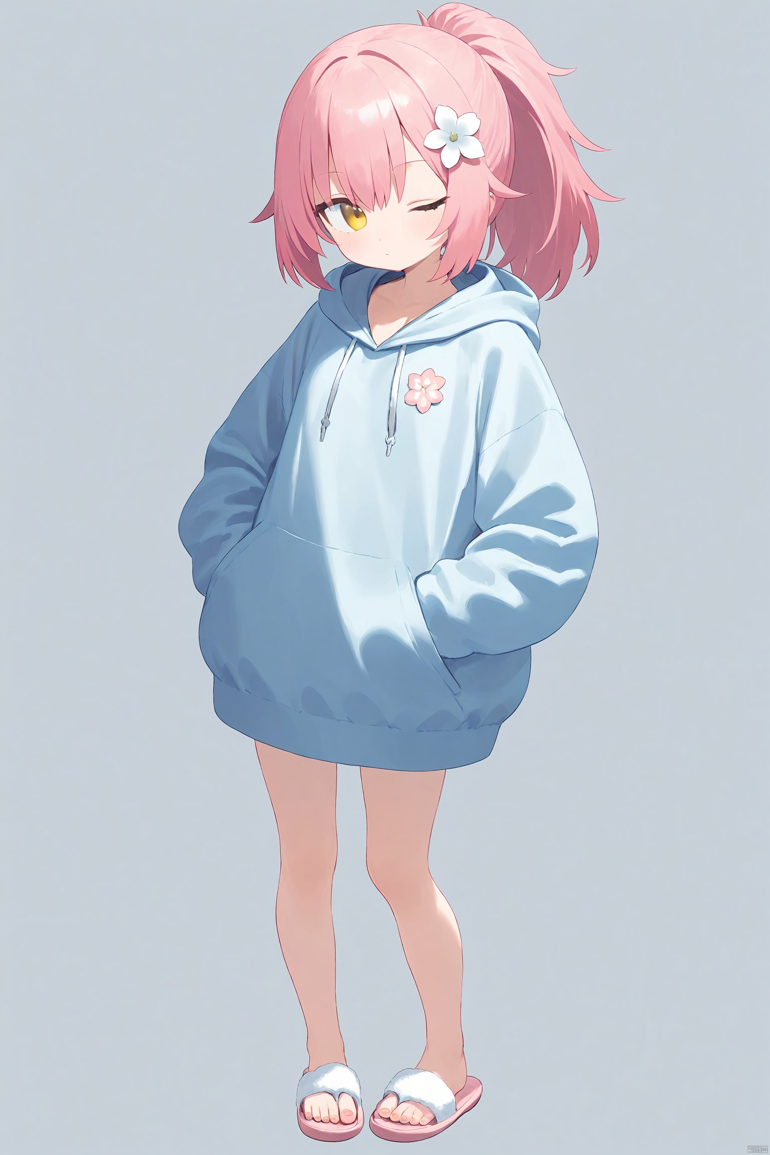 (masterpiece),(best quality),1petite loli, solo.pink hair, long pink hair, (yellow eyes),puffy sleeves,fur-trimmed jacket, hair flower, fipped hair, high ponytail, loose over_sized Casual T-shirt, white shirt, hoodie coat, bare legs, slippers;relaxed, one-eye_closed, , looking at viewer, standing,hands in pockets