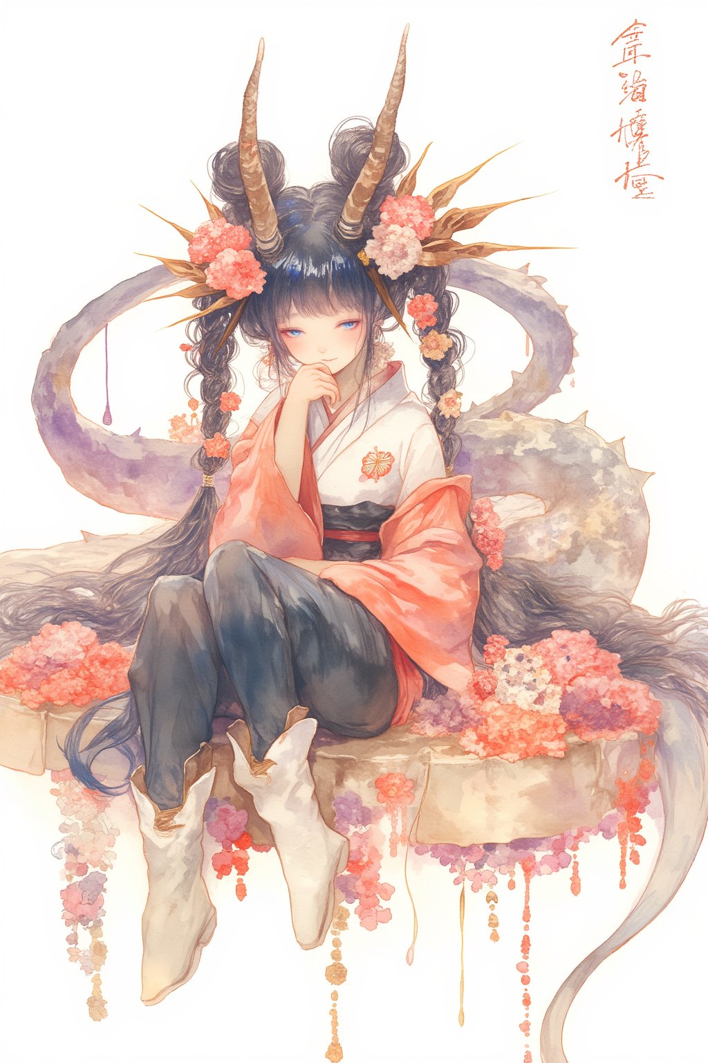 watercolor \(medium\), 1girl, solo, flower, blue eyes, black hair, long hair, sitting, smile, looking at viewer, long sleeves, pants, very long hair, braid, hair bun, red flower, horns, double bun, bug, painting (medium), full body, white background, blush, bangs, closed mouth, eyeshadow, coral, hair ornament, twintails, sash, makeup, shoes, tail, head rest, dragon girl, wide sleeves, signature, knees up, dragon tail, dragon, hand up, dragon horns, butterfly, shirt, antennae, black pants, white footwear, twin braids, head fins, spider lily, hand on own face, pink flower, white flower, white shirt, japanese clothes, wings, hand on own chin, boots