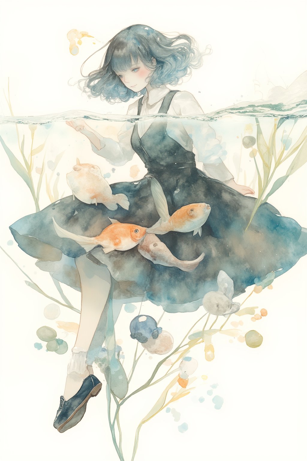 watercolor \(medium\), 1girl, solo, fish, dress, shirt, short hair, shoes, white shirt, blush, black dress, black footwear, long sleeves, collared shirt, blue eyes, plant, leaf, bubble, full body, half-closed eyes, white background, looking at viewer, painting (medium), bangs, black hair, loafers, pinafore dress, grey hair, simple background, blue hair, skirt, underwater, animal, surreal, medium hair, goldfish, air bubble, parted lips, aqua eyes, socks