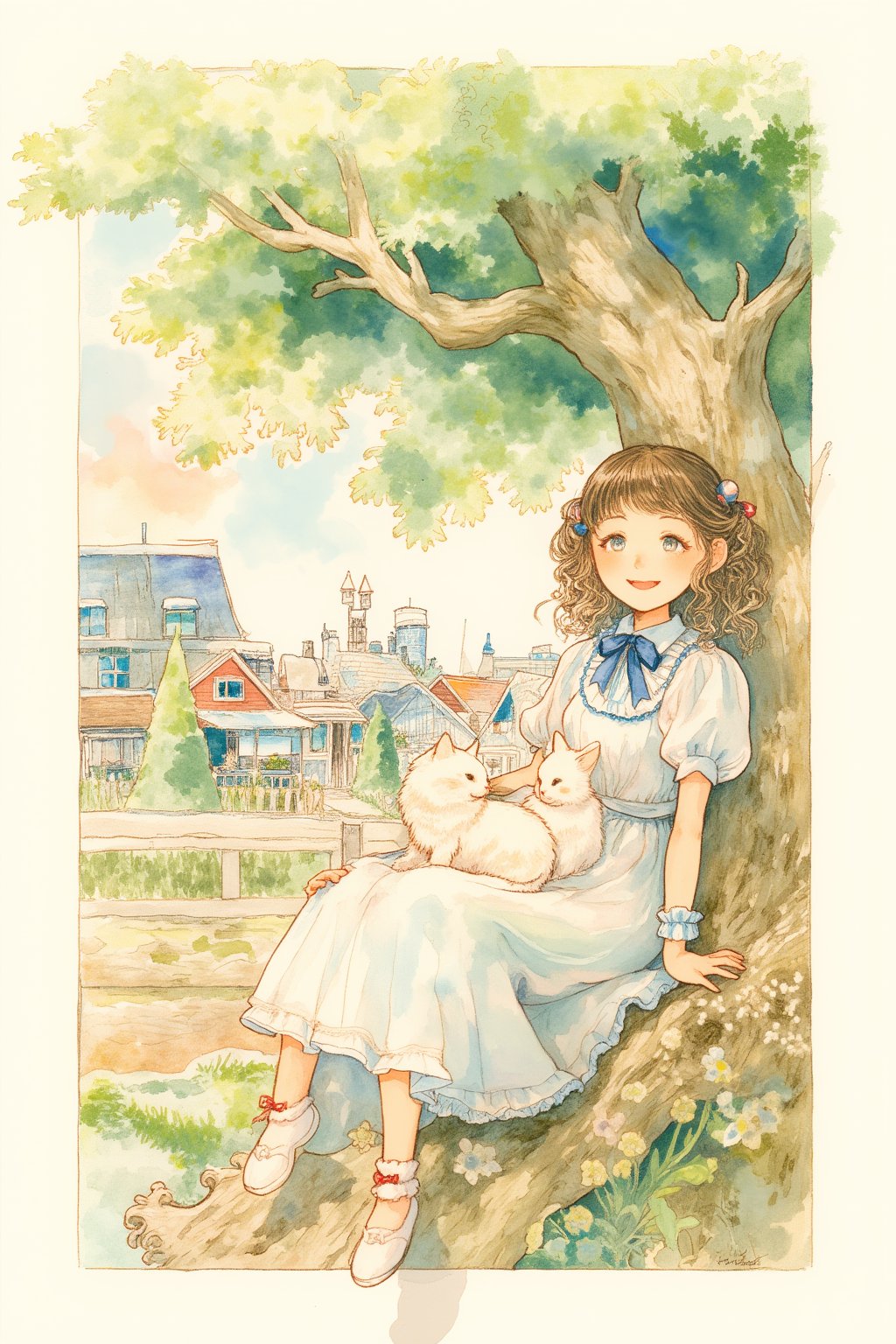 watercolor \(medium\), 1girl, tree, cat, dress, painting \(medium\), sitting, brown hair, solo, smile, outdoors, on lap, ribbon, white dress, open mouth, building, short sleeves, house, animal on lap, white cat, bangs, puffy sleeves, bow, blue ribbon, blush, shoes, white footwear, hair ribbon, puffy short sleeves, hair bow, flower, twintails, in tree, brown eyes, plant, looking at viewer, arm support, double bun, neck ribbon, hair bun, window, branch, animal, blue bow, day, :d, sandals, ahoge, pale color, railing, grey eyes, frills, scenery, blue dress, full body, short hair, nail polish, rabbit, sitting in tree, bird, frilled dress, town, leaf, red ribbon, socks, petting, medium hair, collared dress, shirt, sunlight, sky, long hair, blue flower, acrylic paint \(medium\), dutch angle