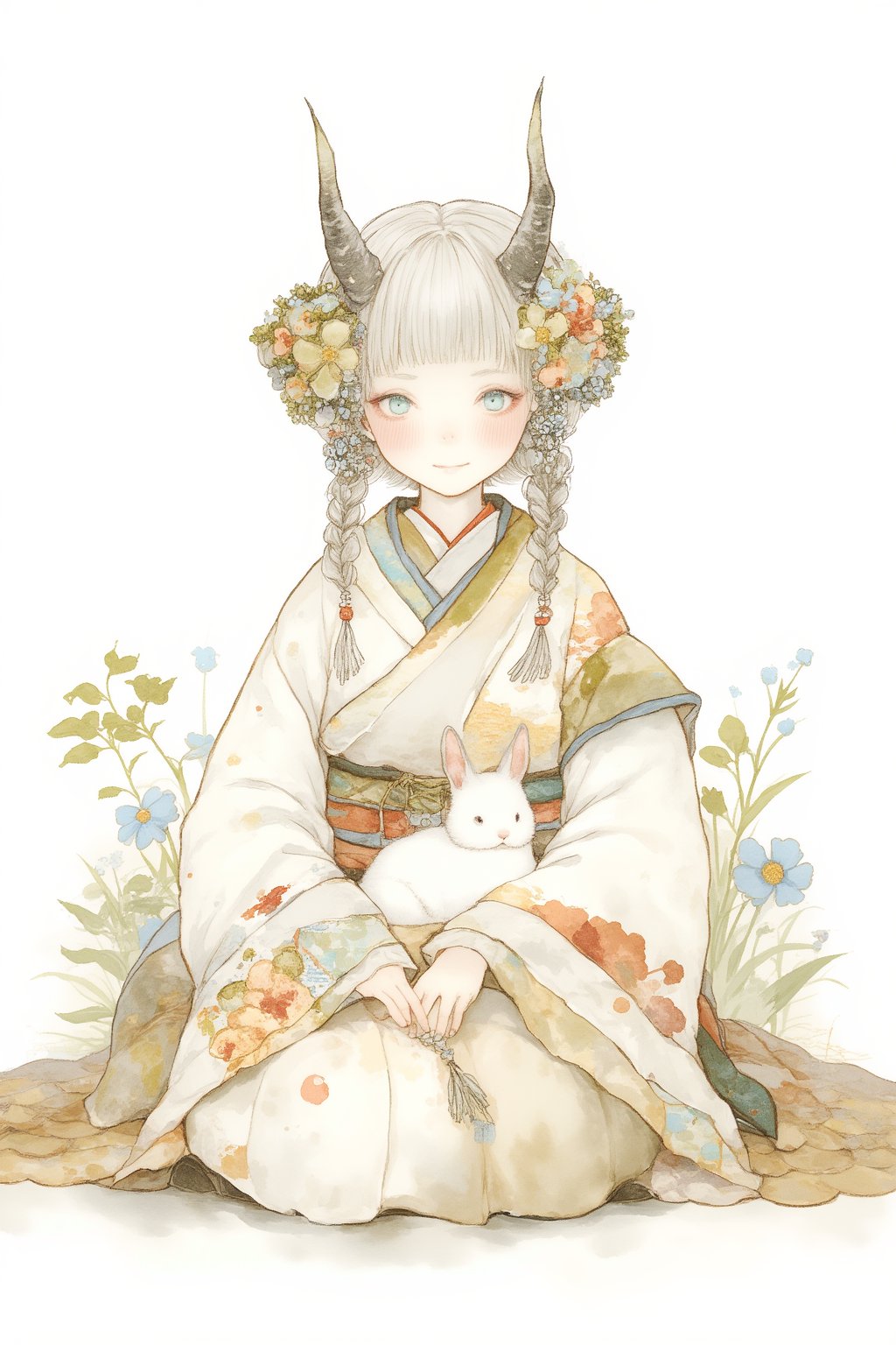 watercolor \(medium\), 1girl, solo, white background, flower, hair ornament, bangs, sitting, smile, seiza, tassel, blush, rabbit, long sleeves, looking at viewer, japanese clothes, white hair, kimono, plant, blue eyes, animal, simple background, braid, horns, blunt bangs, closed mouth, wide sleeves, hair bun, double bun, blue flower, holding, bow, white kimono, frills, full body, long hair, twin braids, jewelry, frilled sleeves, hair flower, chinese clothes, hair bow, floral print, sash, short hair, grey eyes, leaf, shawl, painting (medium), fish, grey hair, aqua eyes, horn ornament, hair rings