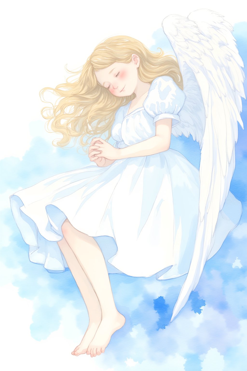 watercolor \(medium\), 1girl, solo, closed eyes, wings, dress, long hair, short sleeves, blonde hair, feathered wings, white dress, puffy sleeves, angel wings, painting \(medium\), own hands together, blush, puffy short sleeves, barefoot, angel, wavy hair, sleeping, blue dress, closed mouth, smile, full body, white wings, lying, ribbon, blue theme, fetal position, blue background, on side, monochrome, knees up, plantar flexion, brown hair