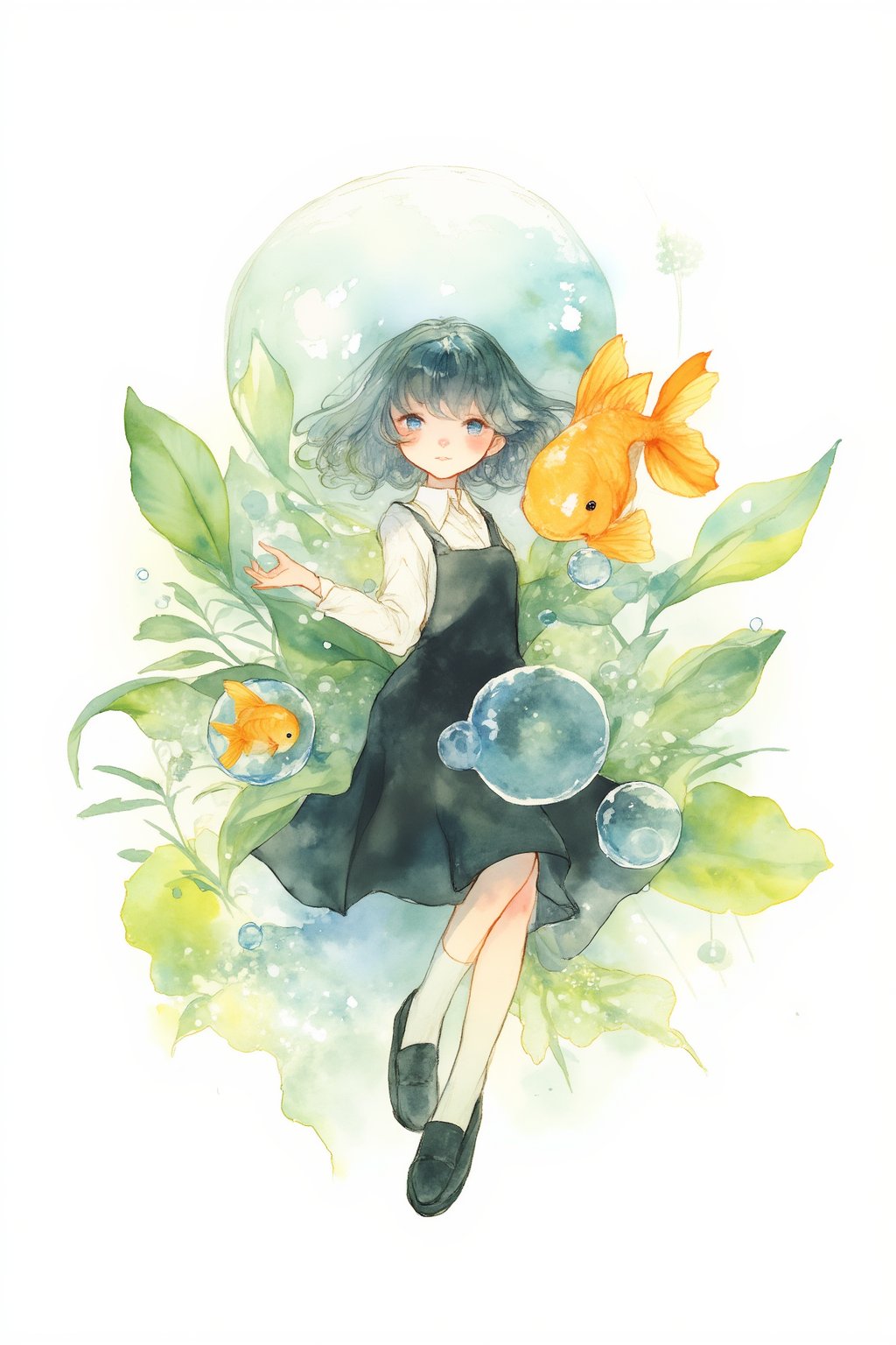 watercolor \(medium\), 1girl, solo, fish, dress, shirt, short hair, shoes, white shirt, blush, black dress, black footwear, long sleeves, collared shirt, blue eyes, plant, leaf, bubble, full body, half-closed eyes, white background, looking at viewer, painting (medium), bangs, black hair, loafers, pinafore dress, grey hair, simple background, blue hair, skirt, underwater, animal, surreal, medium hair, goldfish, air bubble, parted lips, aqua eyes, socks