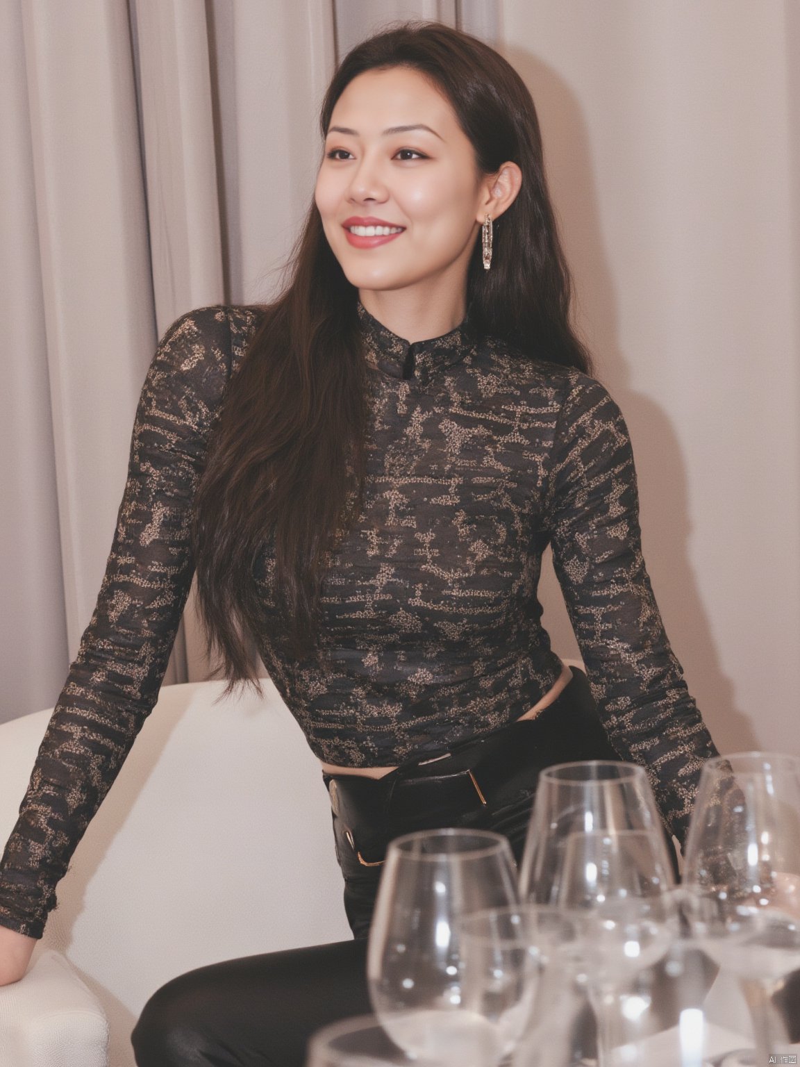 a woman with long brown hair, She was wearing a turtleneck, is seated at a table with a smile on her face. She is adorned with gold earrings and a black belt. The woman's left arm is resting on a white chair, while her right arm rests on the table. . To the right of the woman, a group of wine glasses are placed on a table, adding a touch of color to the scene.
