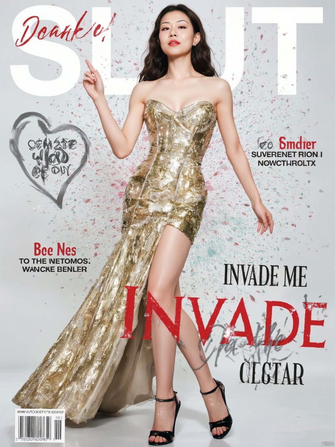 A magazine cover featuring a woman in a black corset and black high heels. masterpiece,best quality,4k,highly detailed, award winning artwork,splash ink style,splash ink,ink splattered,ink splatter effects,ink wash painting background,brunette woman in gold dress,big breasts,short hair, in the style of eye-catching resin jewelry, dark silver and dark red, calm and serene beauty, light emerald and light black, dreamy and romantic, light red and dark black, classic elegance
,The background is a light gray color and the word "SLUT" is written in bold white letters. The word "INVADE ME" is also written in black letters.
