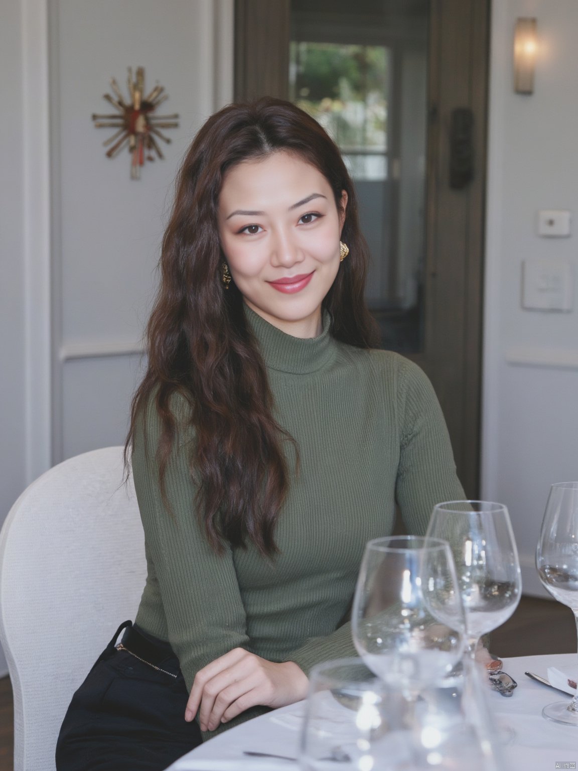 a woman with long brown hair, She was wearing a turtleneck, is seated at a table with a smile on her face. She is adorned with gold earrings and a black belt. The woman's left arm is resting on a white chair, while her right arm rests on the table. . To the right of the woman, a group of wine glasses are placed on a table, adding a touch of color to the scene.
