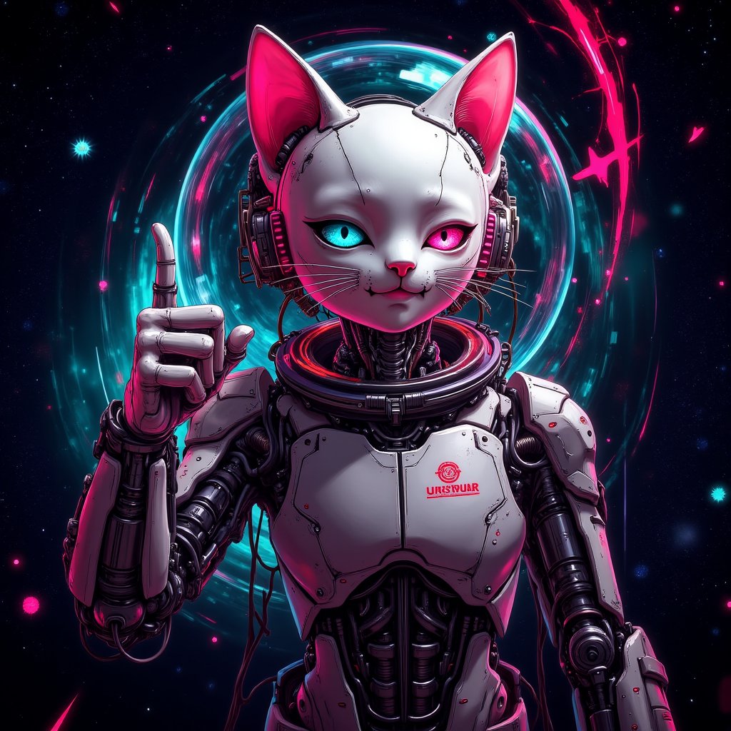 1 cat thumbs up, cyborg, silly face, astronaut helmet, weird face, vortex cosmic blackhole background, PTAIPsyberpunk