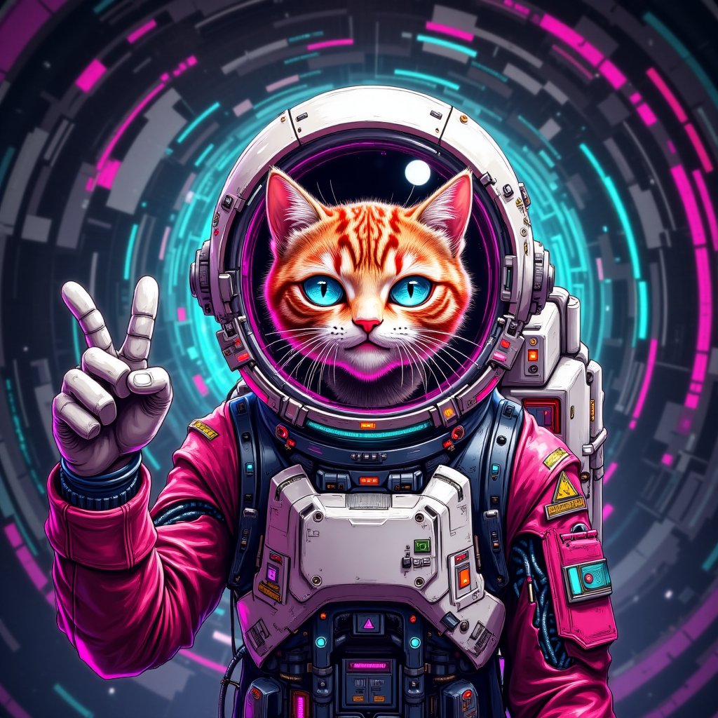 1 cat thumbs up, silly face, astronaut helmet, weird face, vortex cosmic blackhole background, PTAIPsyberpunk