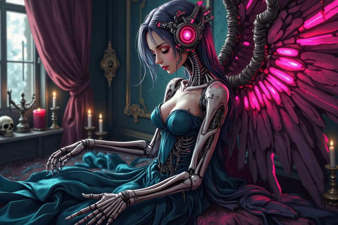 Closer portrait, upper body, intricate painting, ultra detailed. A woman, angel, cyborg, skeleton, with sexy night gown, on the lowkey room, mysterious room design, witch stuffs, curtains, skull, candles, ambient light,PTAIPsyberpunk, masterpiece, best quality, photorealistic, 8k, high resolution