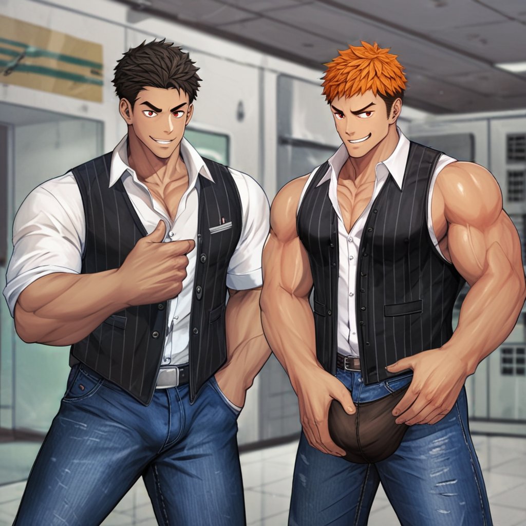 score_9, score_8_up, score_7_up, score_6_up, score_5_up, score_4_up, source_anime, detailed background, perfect proportion, perfect anatomy, high res, (zPDXL3), negative_hand, 
BREAK, 
male focus, bara, 2boys, bara,muscular male, short hair, orange hair, sideburn, red eyes,  smile, pectorals, hairy male, clothed, jeans, vest, campus