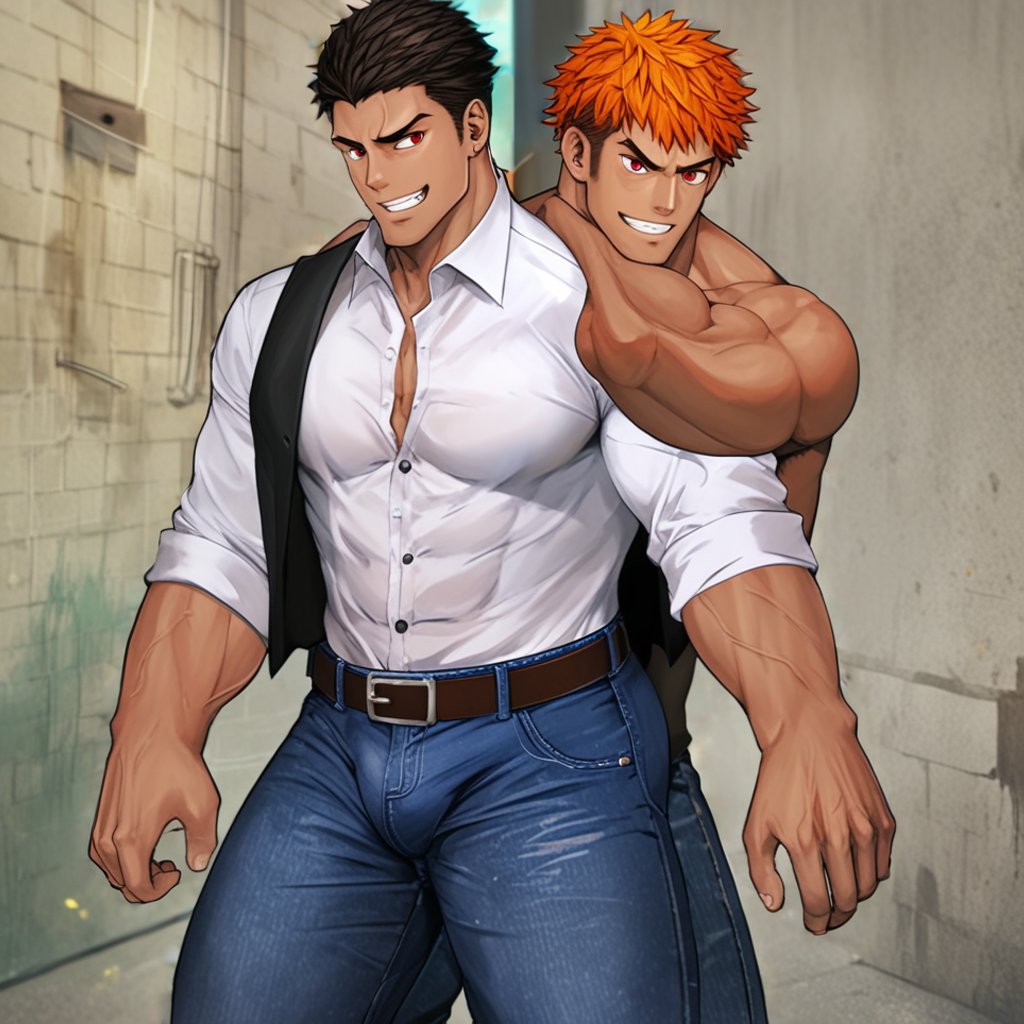 score_9, score_8_up, score_7_up, score_6_up, score_5_up, score_4_up, source_anime, detailed background, perfect proportion, perfect anatomy, high res, (zPDXL3), negative_hand, 
BREAK, 
male focus, bara, 2boys, bara,muscular male, short hair, orange hair, sideburn, red eyes,  smile, pectorals, hairy male, clothed, jeans, vest, campus