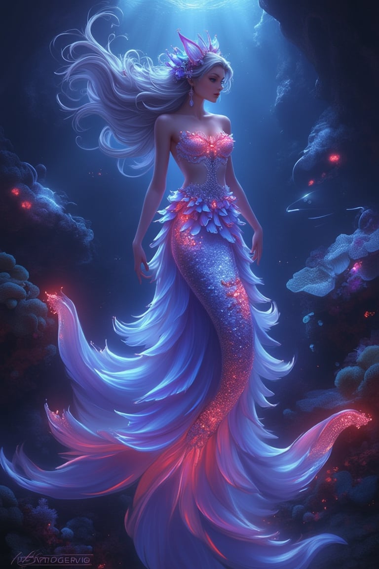 A stunning mermaid fantasy artwork by Artgerm, featuring a mermaid with flowing hair and a radiant tail, illuminated by blue and red neon lights. The scene is set underwater, with bioluminescent sea creatures and vibrant coral reefs in the background. The mermaid is gracefully swimming, her tail shimmering with neon hues, creating a dynamic and enchanting composition. The lighting is dramatic, with neon colors casting a vibrant glow, enhancing the mystical atmosphere.