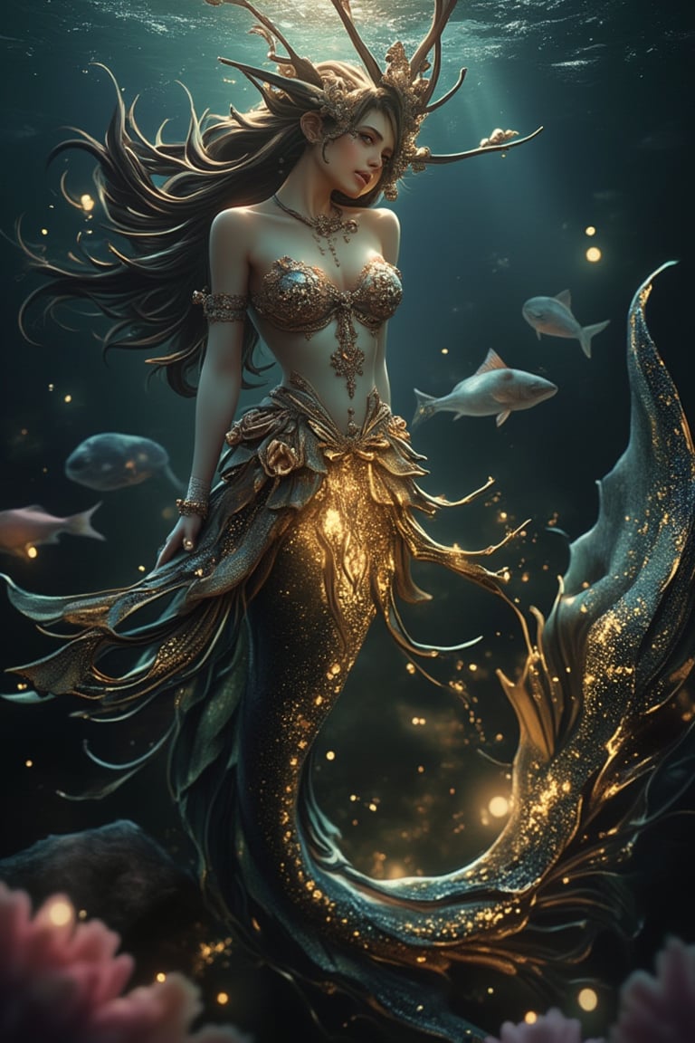 A close-up half medium shot of a mesmerizing mermaid fantasy artwork by Artgerm, featuring a mermaid with flowing hair and a radiant tail, illuminated by black and gold hues. The scene is set underwater, with intricate details of bioluminescent sea creatures and vibrant coral reefs in the background. The mermaid's face and upper body are prominently displayed, her tail shimmering with black and gold accents, creating a dynamic and enchanting composition. The lighting is dramatic, with black and gold tones casting a luxurious and mystical atmosphere.