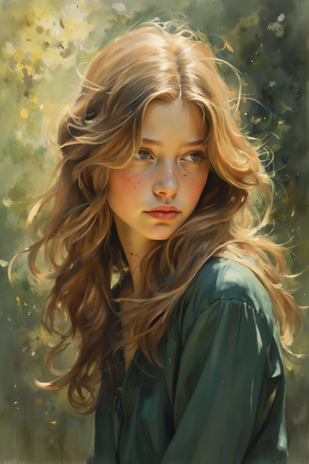 Wcol style. A portrait of an early teenage girl with soft, flowing hair. Her expression is thoughtful, gazing slightly away from the viewer. She’s wearing a deep emerald green blouse, with a warm, natural glow from sunlight filtering through nearby trees. Subtle blush tones highlight her cheeks, and gentle shadows fall across her face. The background fades into an abstract blend of soft forest greens and browns, with the occasional splash of light creating a serene, reflective atmosphere. High contrast between her figure and the background adds depth and focus.