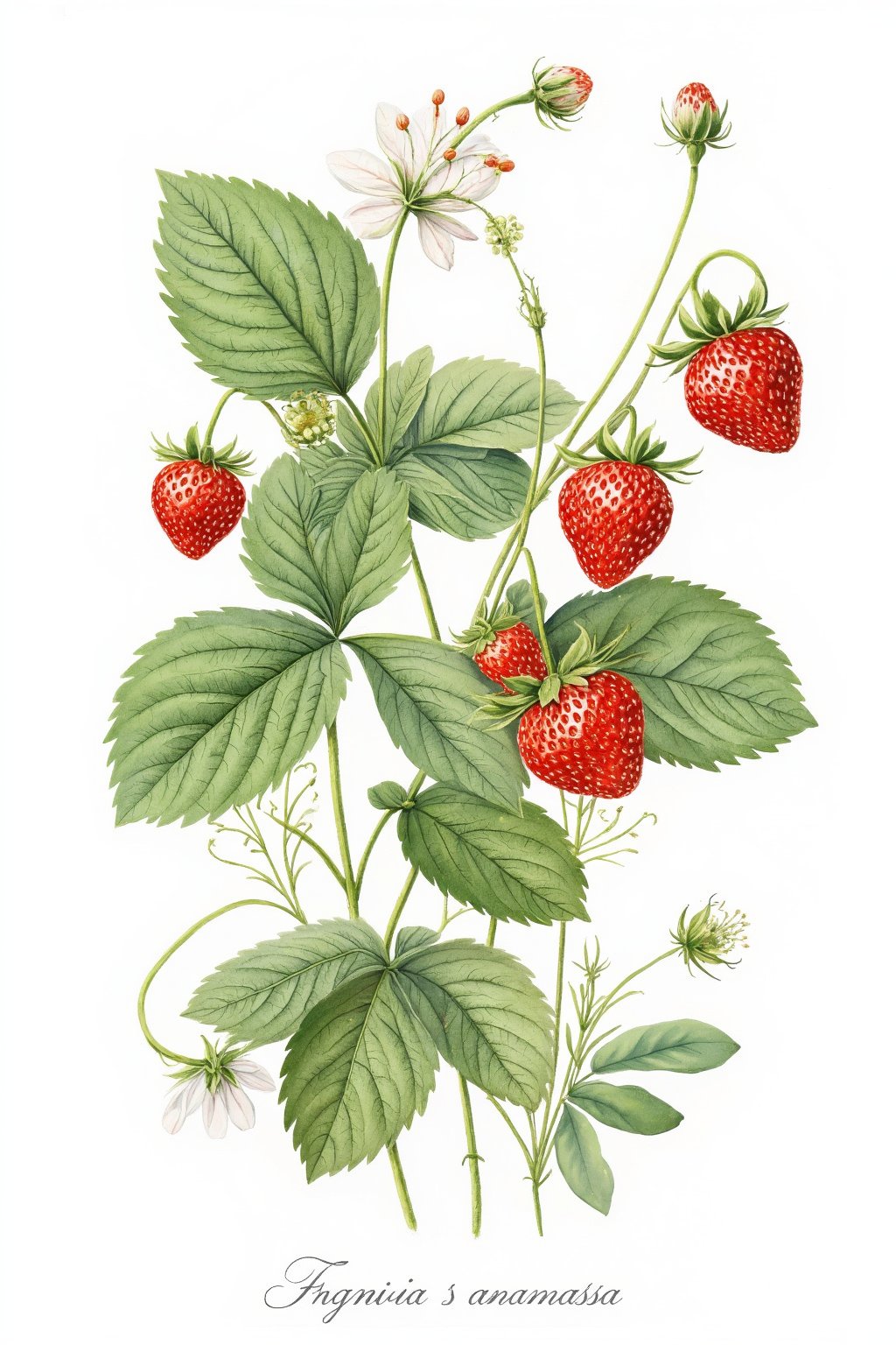 Wcol style. A botanical illustration of a strawberry plant, with lush green leaves and delicate white flowers in full bloom. Ripe, bright red strawberries hang from slender stems, their seeds and texture meticulously detailed. The leaves show intricate vein patterns, and the entire plant is depicted with soft, flowing brushstrokes against a clean, white background. At the bottom of the image, the name ‘Fragaria × ananassa’ is handwritten in an elegant, flowing script, giving the illustration a classic, scientific feel.