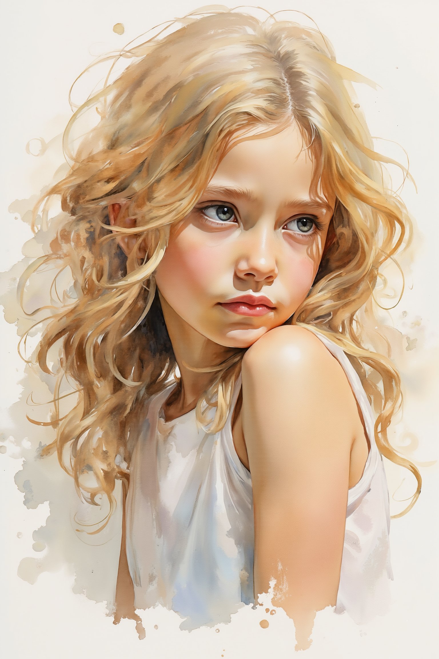 Wcol style. Abstract. A portrait of a 13 year old girl with blonde wavy hair. She has a pondering and dreamy expression. Flowing colors with negative spaces. Soft wash background. Fantasy.