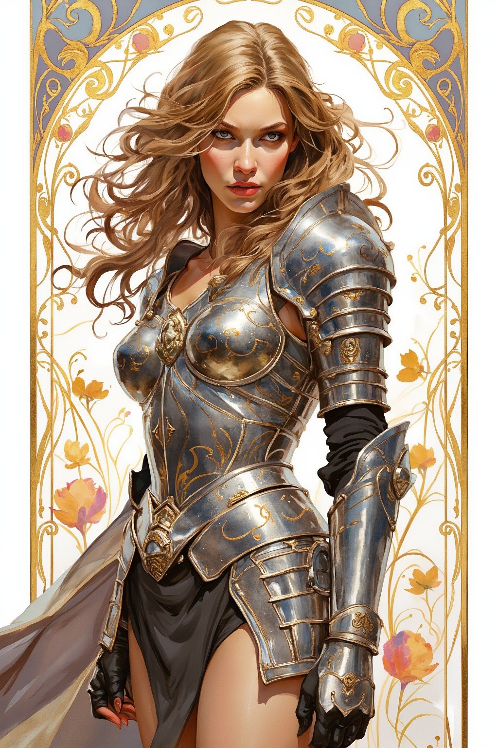  Wcol style. A striking portrait of a beautiful young warrior woman, wearing intricate yet revealing armor, standing confidently. She is surrounded by delicate, flowing art nouveau style background decorations in vibrant colors, all set against a clean white background. Her expression is fierce yet elegant, with long flowing hair that catches the light, emphasizing her strength and grace. The detailed armor gleams, reflecting soft light, while the art nouveau swirls frame her figure perfectly, adding both a classic and contemporary feel to the image.