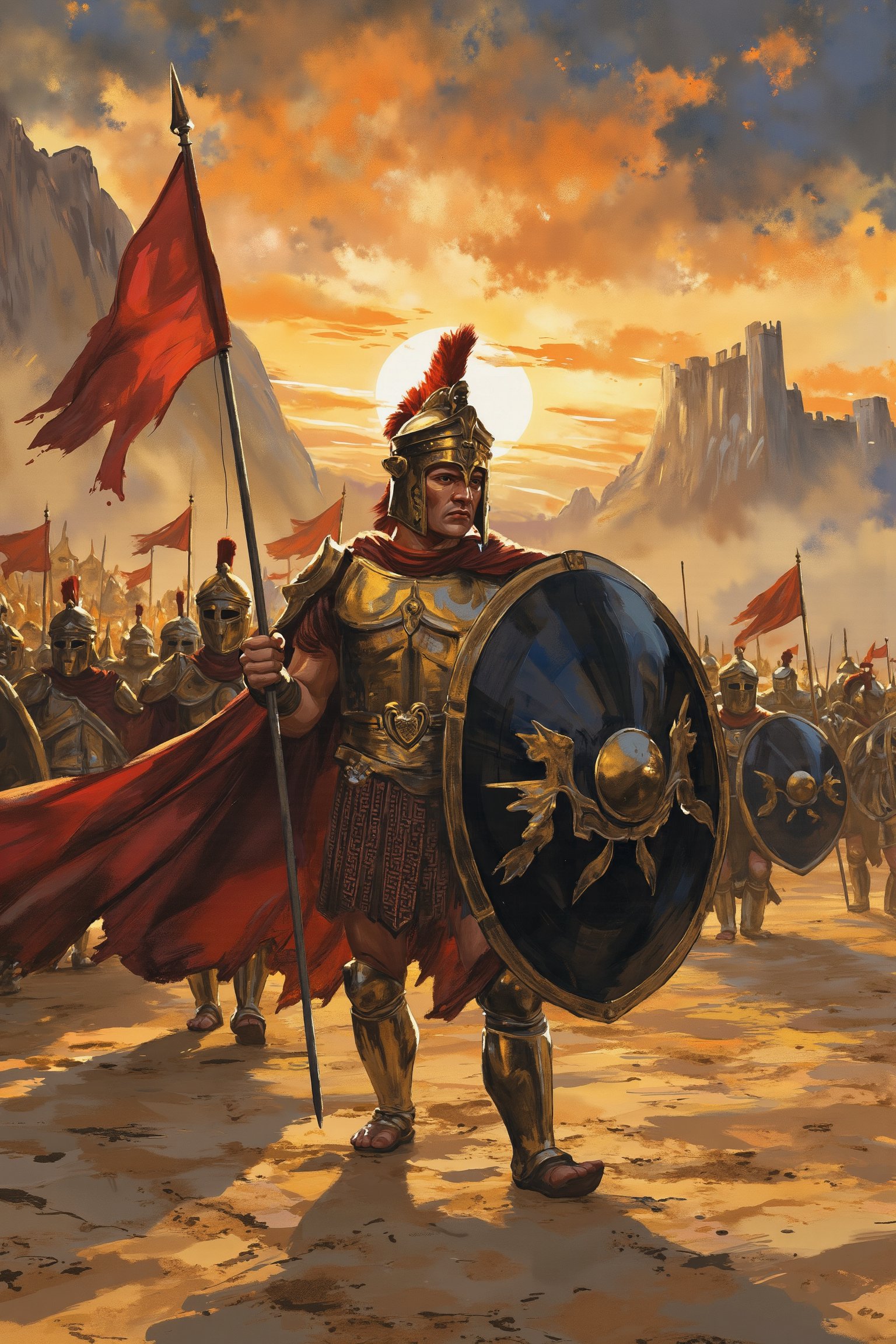 Wcol style. Fantasy. An illustration-style depiction of a row of armored Spartan soldiers standing on the front lines, their matte gold armor ornate and gleaming in the dying sun. The closest soldier is in a powerful stance, shield raised and sword drawn back, ready to strike. His round, black shield is accented with gold on the borders and center. He is standing in front of his army, facing the enemy. Behind him, a standard-bearer holds a red flag, its fabric flowing in the wind. Dust rises from the sandy battlefield, while dark clouds loom overhead. The sun peeks through, casting an orange and golden glow across the scene, reflecting off armor and weapons. In the distance, a mountainous fortress stands as the backdrop, adding to the grandeur of the battle about to unfold. The palette is rich with gold, orange, and deep blue shadows, intensifying the dramatic tension.