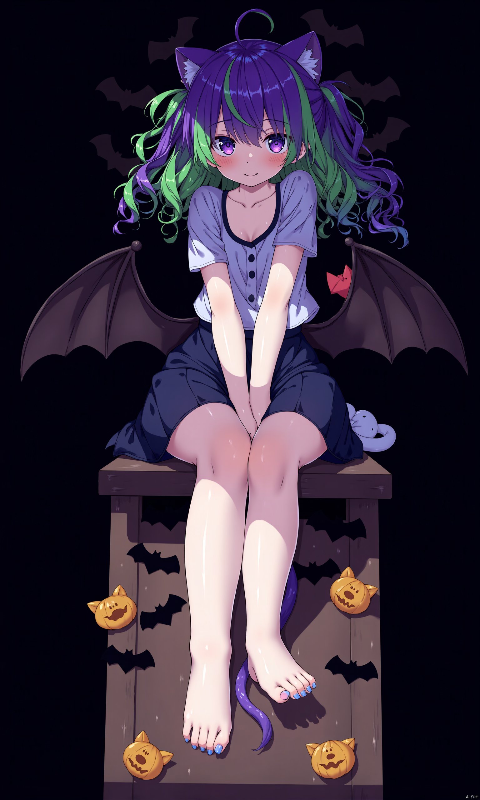 1girl, 

cute cat ears girl, small black bat wings, background filled with Halloween decorations, Halloween black bats, black background, sitting, monster girl, bat girl, crossed legs, twintails, multicolored hair, loli, green hair, long hair, extra ears, tail, short twintails, purple hair, two-tone shirt, short hair, smile, solo, english text, simple background, purple eyes, colored tips, bat ears, wings,

masterpiece, newest, absurdres, safe