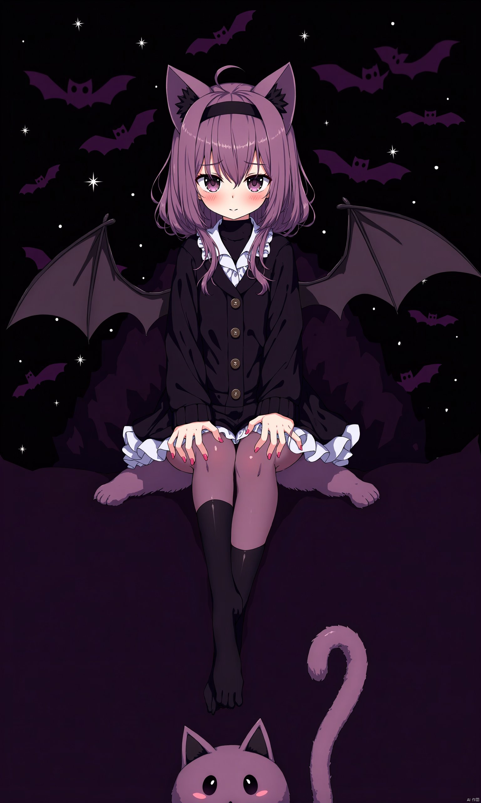 1girl, 

cute cat ears girl, small black bat wings, background filled with Halloween decorations, Halloween black bats, black background, sitting, extra eyes, monster, claws, bat wings, sitting on animal, simple background, goth fashion, crossover, animal ears, black eyes, animalization, no humans, flying, cat, wings,

masterpiece, newest, absurdres, safe