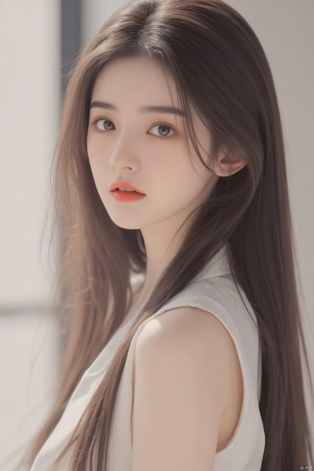 1girl, solo, long hair, looking at viewer, brown hair, shirt, black hair, closed mouth, upper body, sleeveless, indoors, blurry, from side, lips, window, sunlight, realistic, red lips, white blazer (module) 