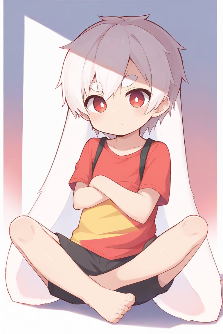 solo,male_focus,shota, 
vup-bai,white_hair,red eyes,(floppy_ears,lop_rabbit_ears:1.25),(red t-shirt,sleeveless:0.8),(black shorts:0.8),barefoot,BREAK,
sitting,