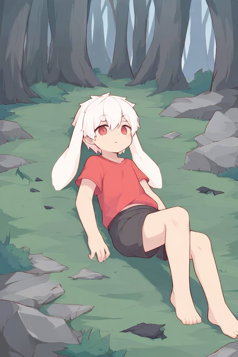 solo,male_focus,shota, 
vup-bai,white_hair,red eyes,(lop_ears,floppy_ears:1.25),(red t-shirt,sleeveless:0.8),(black shorts:0.8),barefoot,BREAK,
lying,on_side,