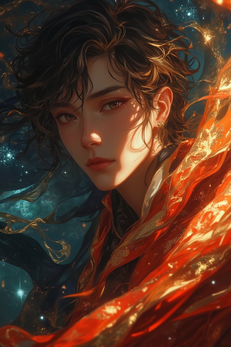 Anime-style close-up of a man with a magical realism aesthetic, wearing a flowing, intricate magical cloth. The scene is vibrant and detailed, with soft lighting that highlights the cloth's shimmering textures and the man's expressive eyes. The composition focuses on his face and the magical cloth, capturing the blend of realism and fantasy in the Niji style.