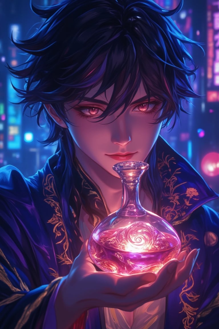 Anime-style close-up of a man wearing a blue-purple outfit, holding a glowing potion with a magical realism aesthetic. The scene is vibrant and detailed, with soft lighting that highlights the intricate details of the potion and the man's expressive eyes. The composition focuses on his face and the potion, capturing the blend of realism and fantasy in the Niji style.